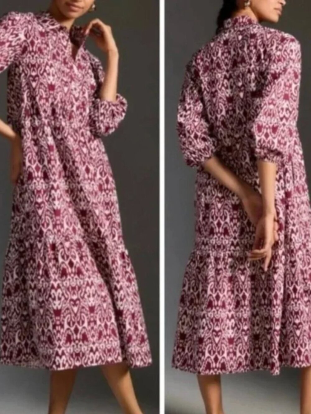 Anthropologie Maeve The Bettina Tiered Shirt Midi Dress in Wine Geometric Aztec